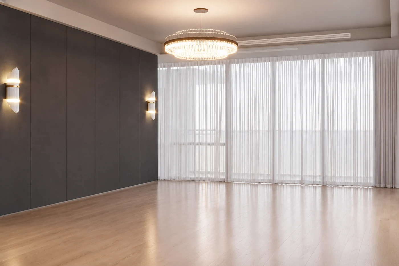 Dormitorio después del retiro digital de muebles, con apliques, colgantes y cortinas conservadas