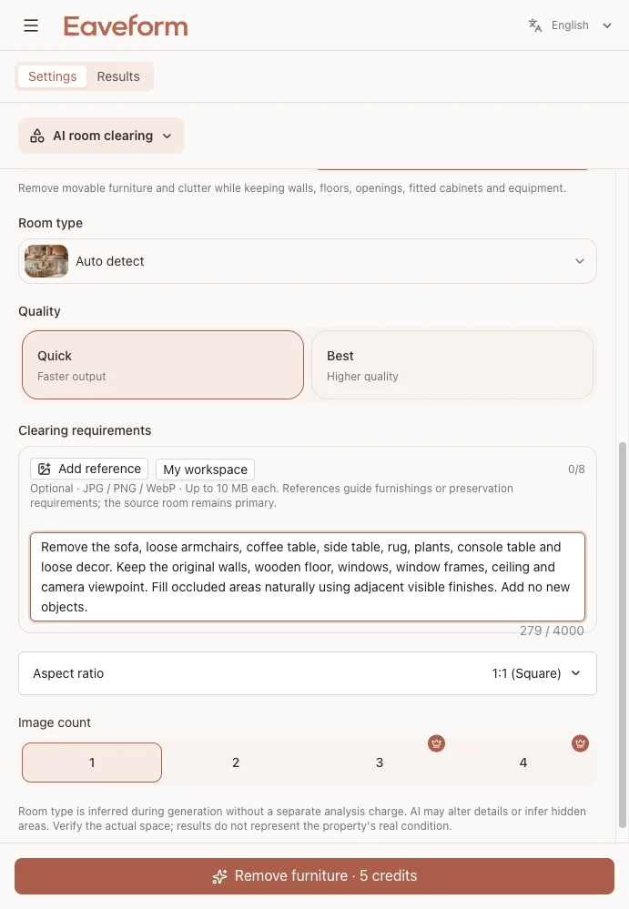 Eaveform Configuración de sala vacía con instrucciones de diseño de eliminación digital, relación de aspecto y control de generación