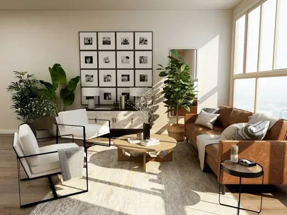 Salón amueblado con esquinas vistas, ventanales y suelo visto