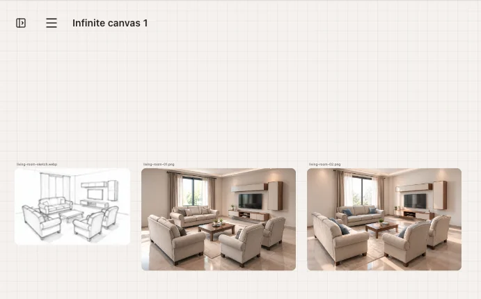 Tela infinita con il disegno del soggiorno e due versioni generate affiancate